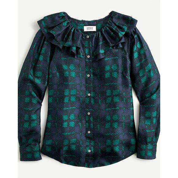 NWT J.Crew Collection Silk Twill Ruffle Collar Top Blouse Green Blue Small S - Picture 1 of 6